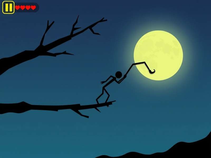 Stickman Hook 3 gameplay screenshot showing a stickman character swinging through a complex level with grappling hooks