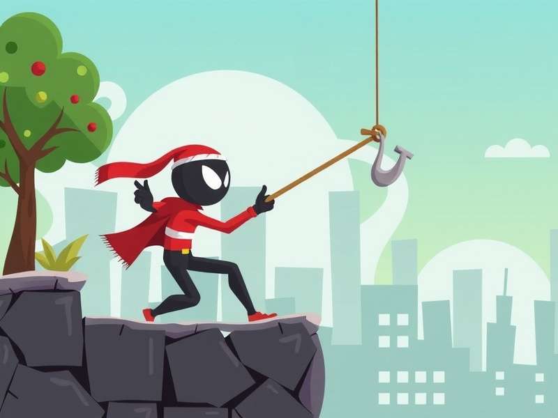 Stickman Hook gameplay screenshot showing a stickman swinging with a grappling hook