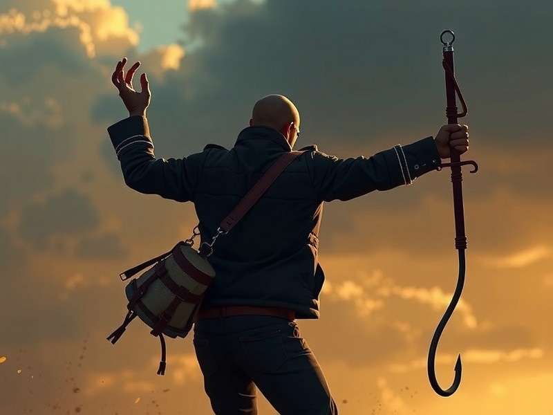 Stickman Hook gameplay screenshot showing the stick figure mid-swing in a neon city level