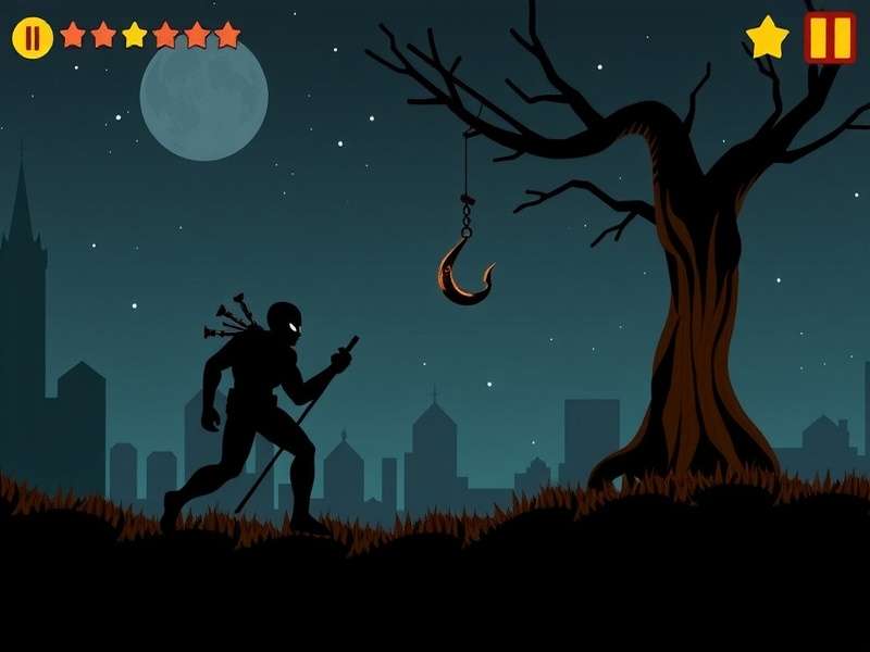 Stickman Hook 2 gameplay screenshot showing a stickman swinging with a grappling hook