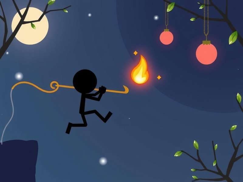 Stickman Hook character mid-swing using grappling hook between red platforms