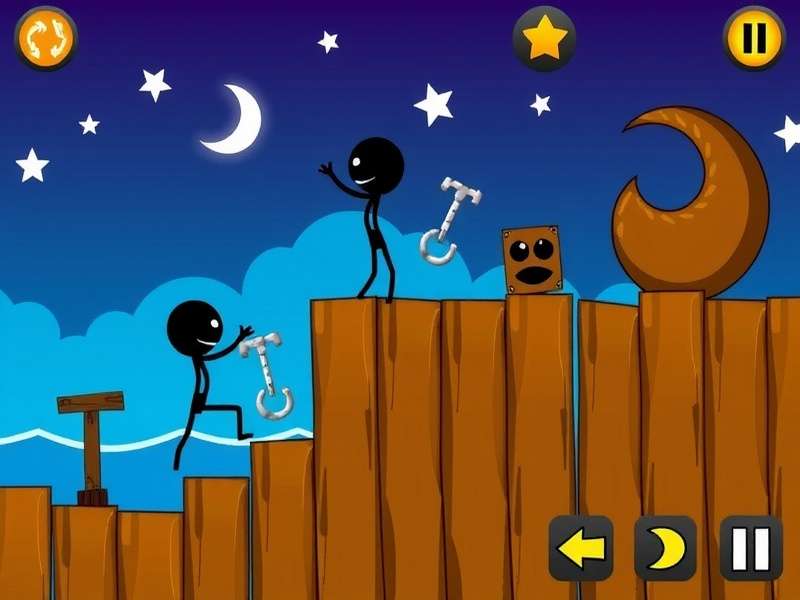 Stickman Hook gameplay screenshot showing a stickman swinging through a complex level