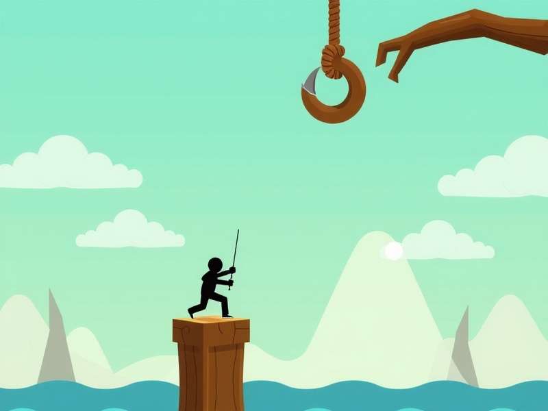 Stickman Hook gameplay screenshot showing a stick figure swinging across a colorful canyon