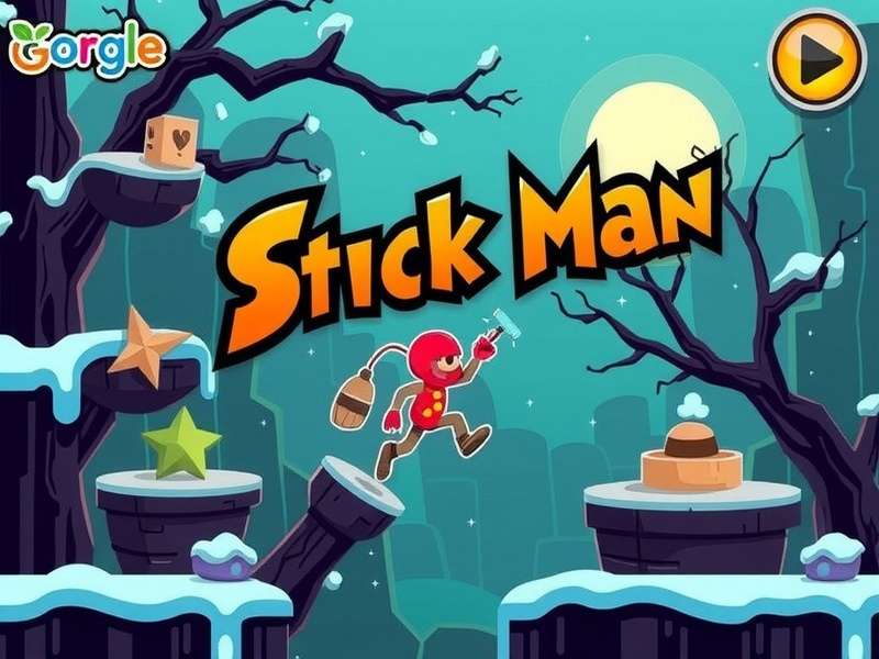 Stickman Hook character swinging from a blue hook over a geometric cityscape