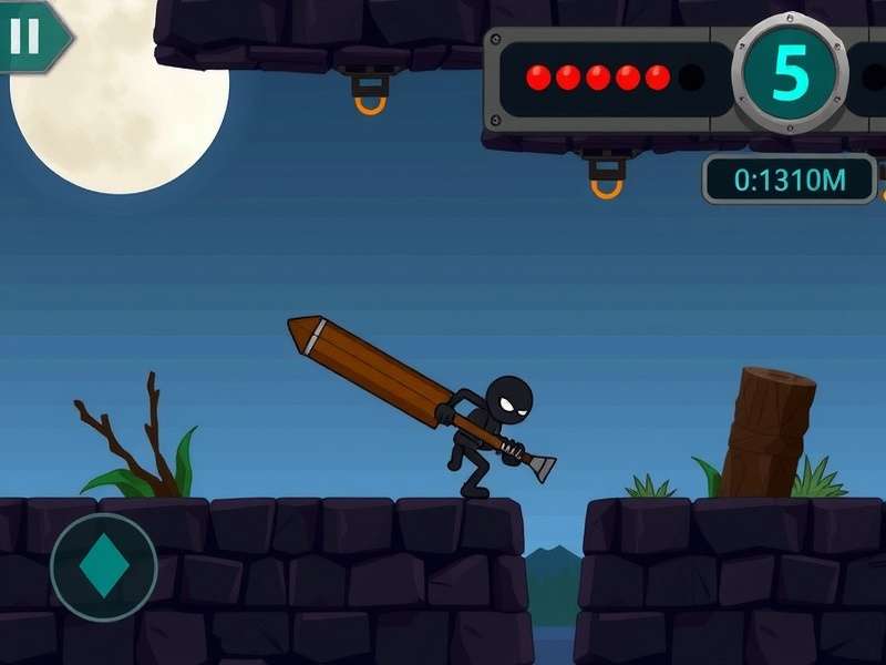 Stickman Hook gameplay screenshot showing the stickman character swinging between platforms
