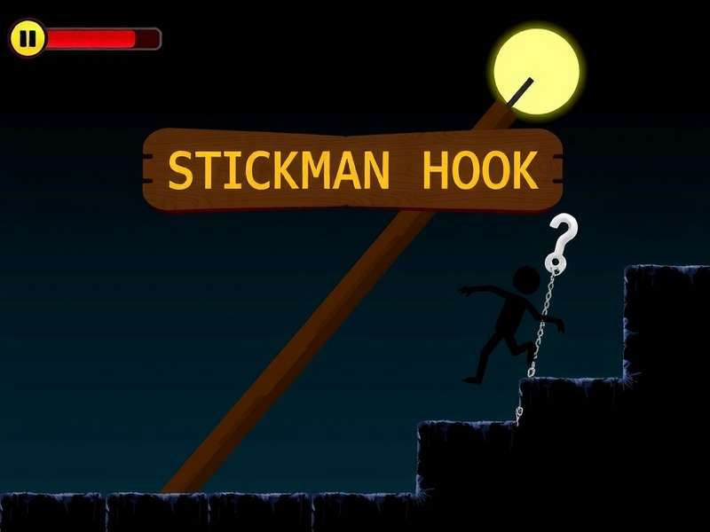 Stickman Hook gameplay screenshot showing character swinging with rope