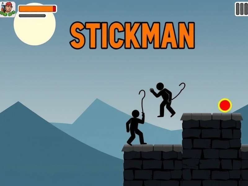 Stickman Hook Unblocked gameplay screenshot showing stickman character swinging with grappling hook