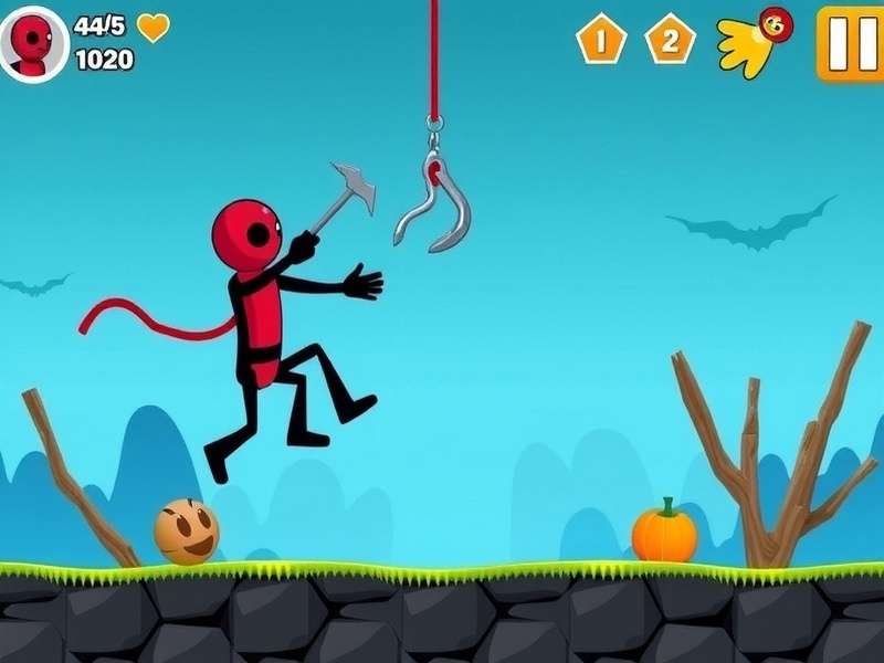 Stickman Hook gameplay action with grappling hook swings and platform targets