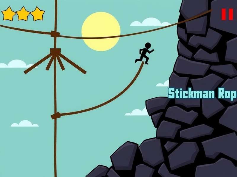 Stickman Rope gameplay showing a stick figure swinging across a colorful level with a grappling hook