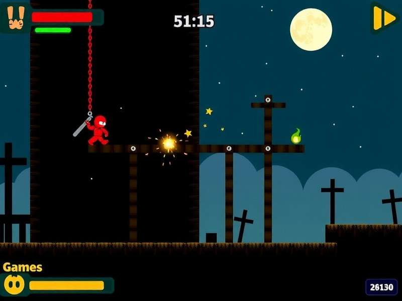 Stickman Hook game illustration showing grappling hook swing physics and anchor points