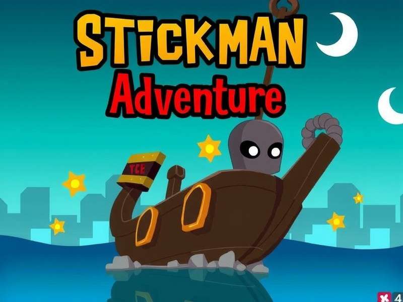 Stickman Hook Adventure gameplay showing a stickman swinging across a vibrant skyline with grappling hooks and floating platforms.