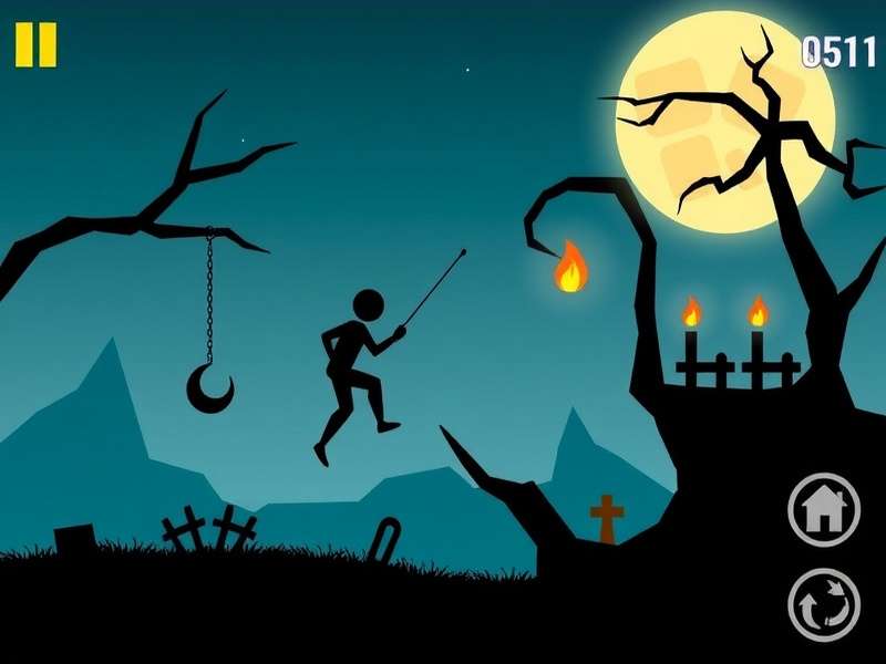 Stickman Hook gameplay action shot showing a stickman swinging across a vibrant level