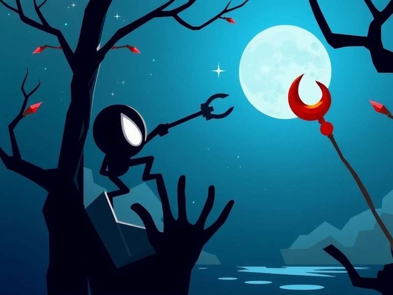 Stickman Hook Online gameplay illustration showing a stickman swinging on a grappling hook across a vibrant course