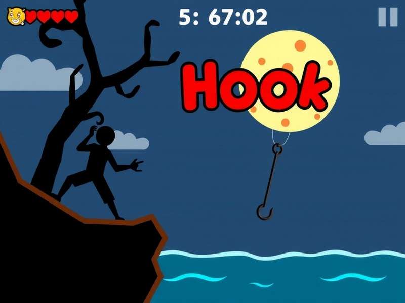 Stickman Hook Video Game gameplay illustration showing a stickman swinging with a grappling hook across a vibrant level