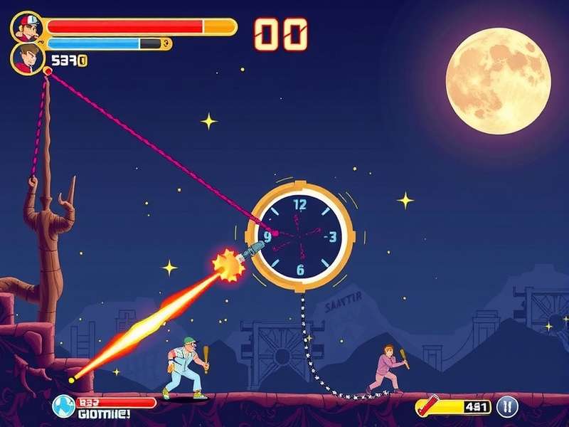 Swingman gameplay illustration showing the grappling hook trajectory and stick figure swinging across platforms