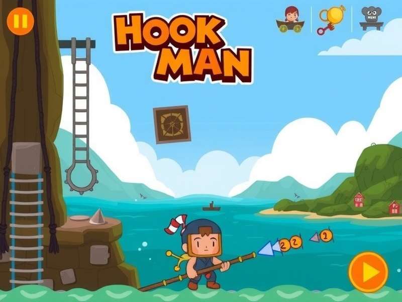Stickman Hook Bitbucket gameplay screenshot showing a stickman swinging across a neon skyline